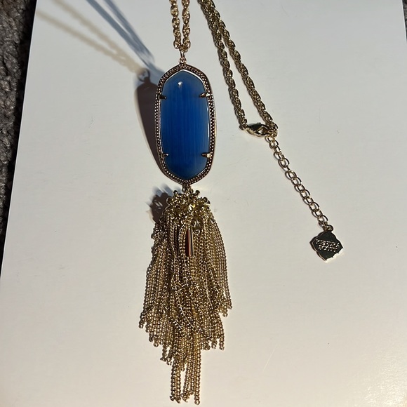 Kendra Scott Rayne Oval Tassel Pendant Necklace Navy Cat’s Eye / Gold - Picture 2 of 15